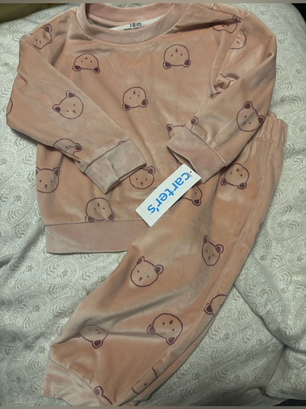 NWT 18M Carter's Light Pink Plush Bear-Print Velour Set
